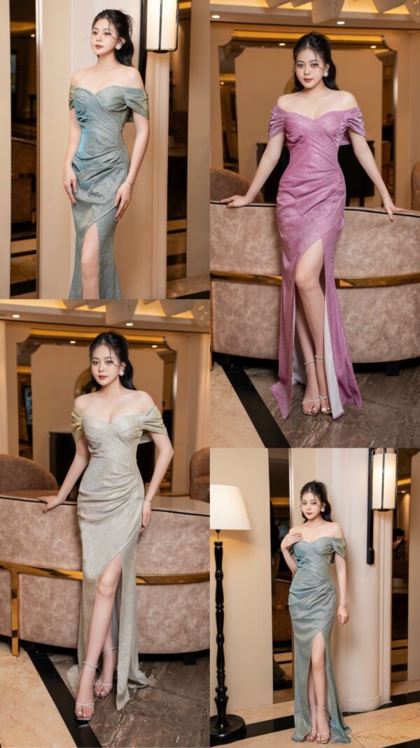 Dạ Hội Kim Tuyến Trễ Vai Xếp Ly